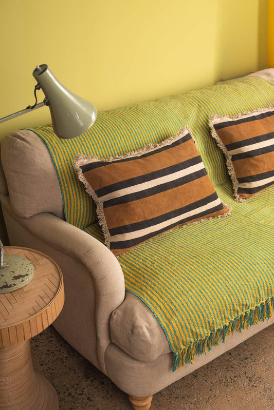 Whiskey Brown Stripe Block Print Cushion Cover: Feather Inner