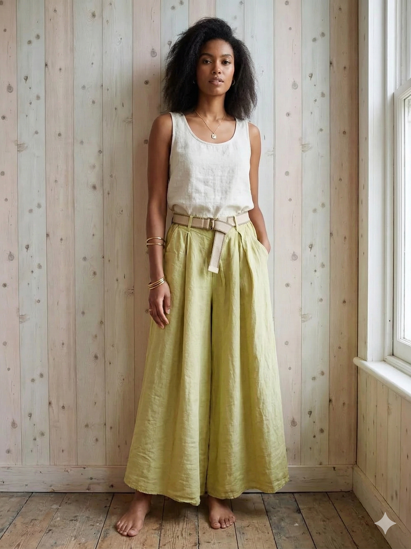 Ref-30522 WIDE-LEG PANTS 100% LINEN: Negro