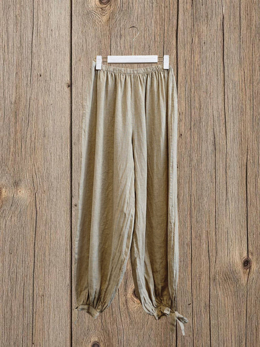 Ref-18324 Ankle-length pants with bow, 100% linen: Camel