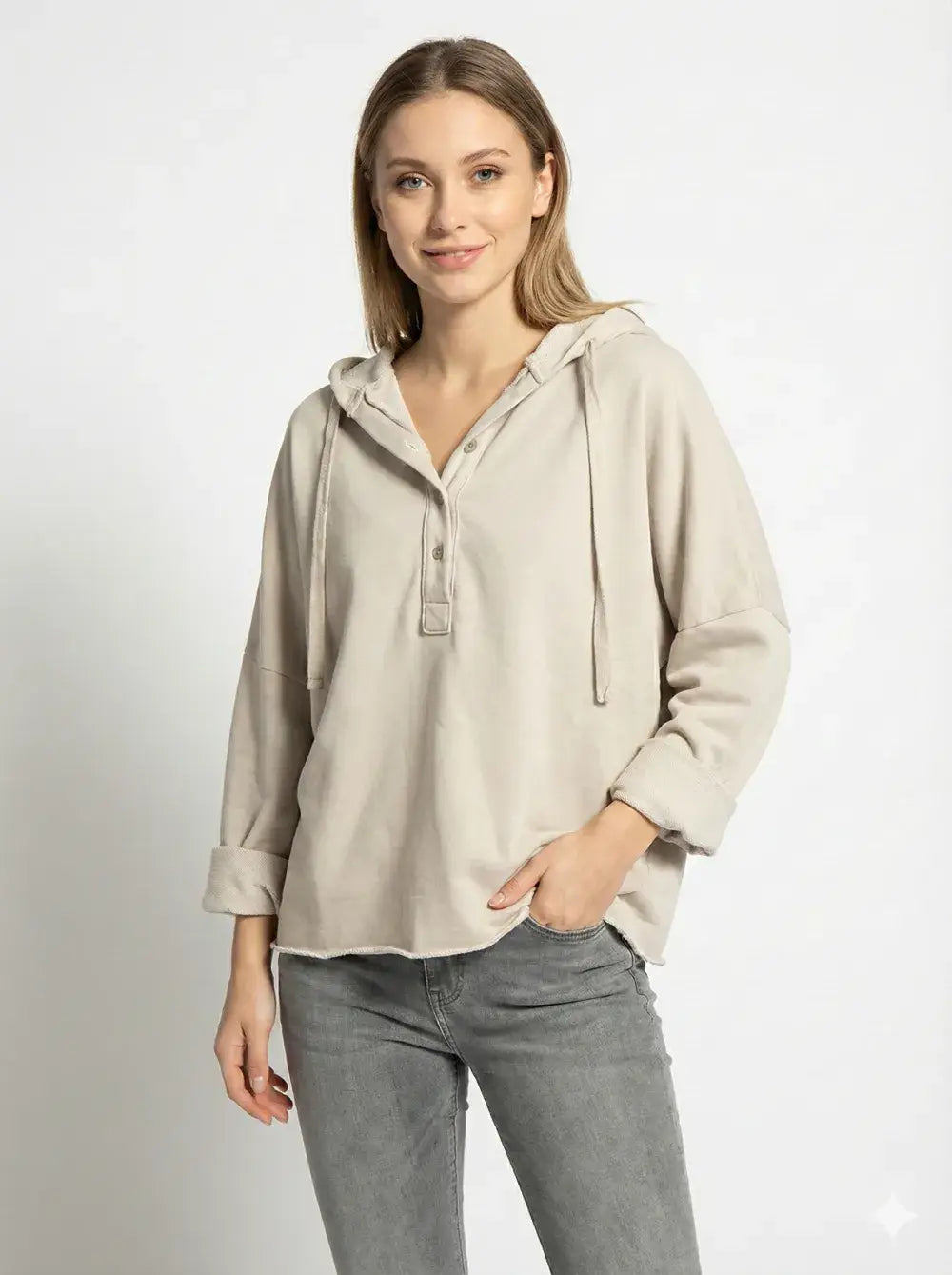 Hooded Button-Up Sweatshirt @83893_ThickSweatshirt: Camel