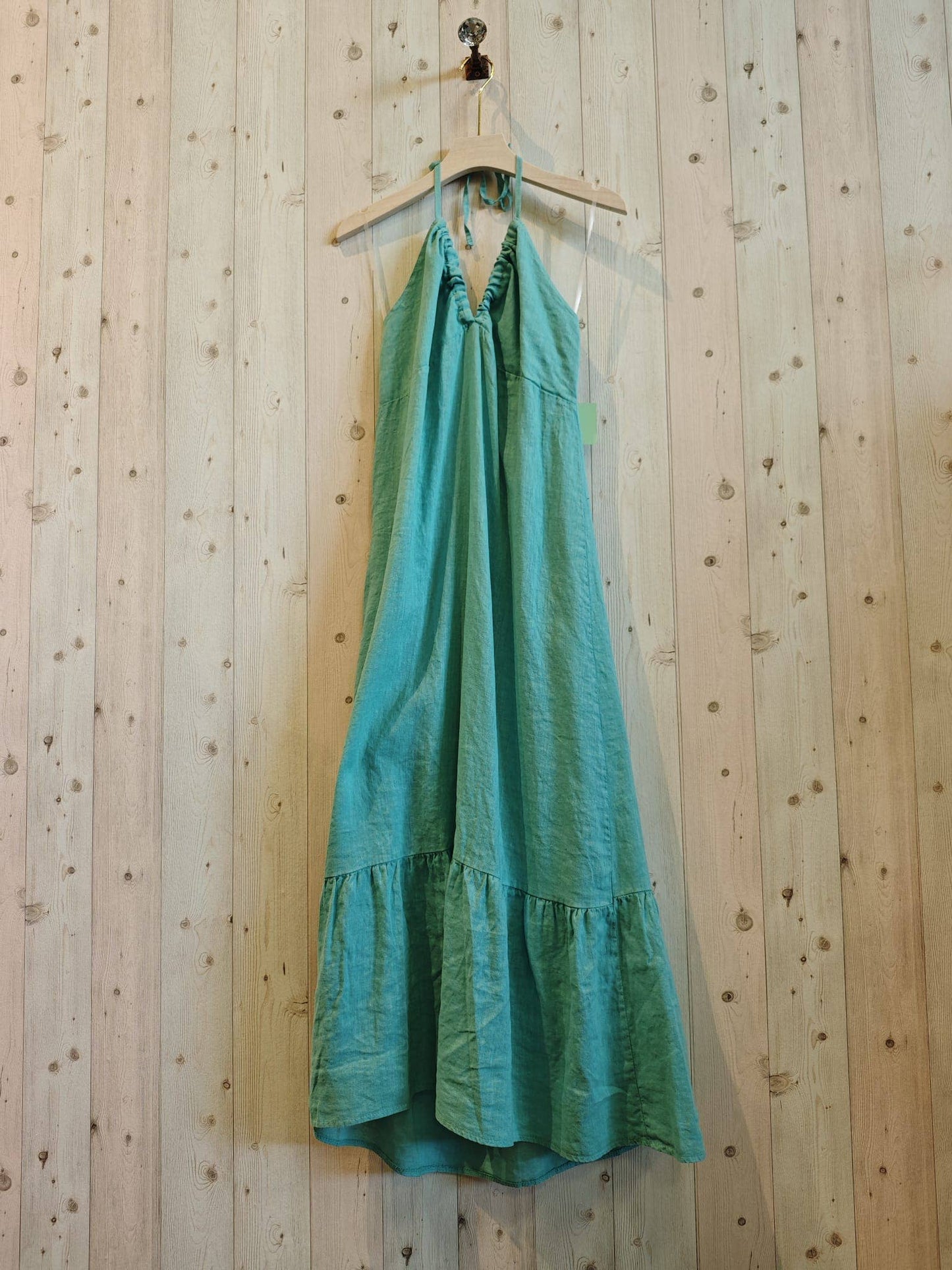 Ref-14491 100% LINEN STRAP DRESS: BEIGE