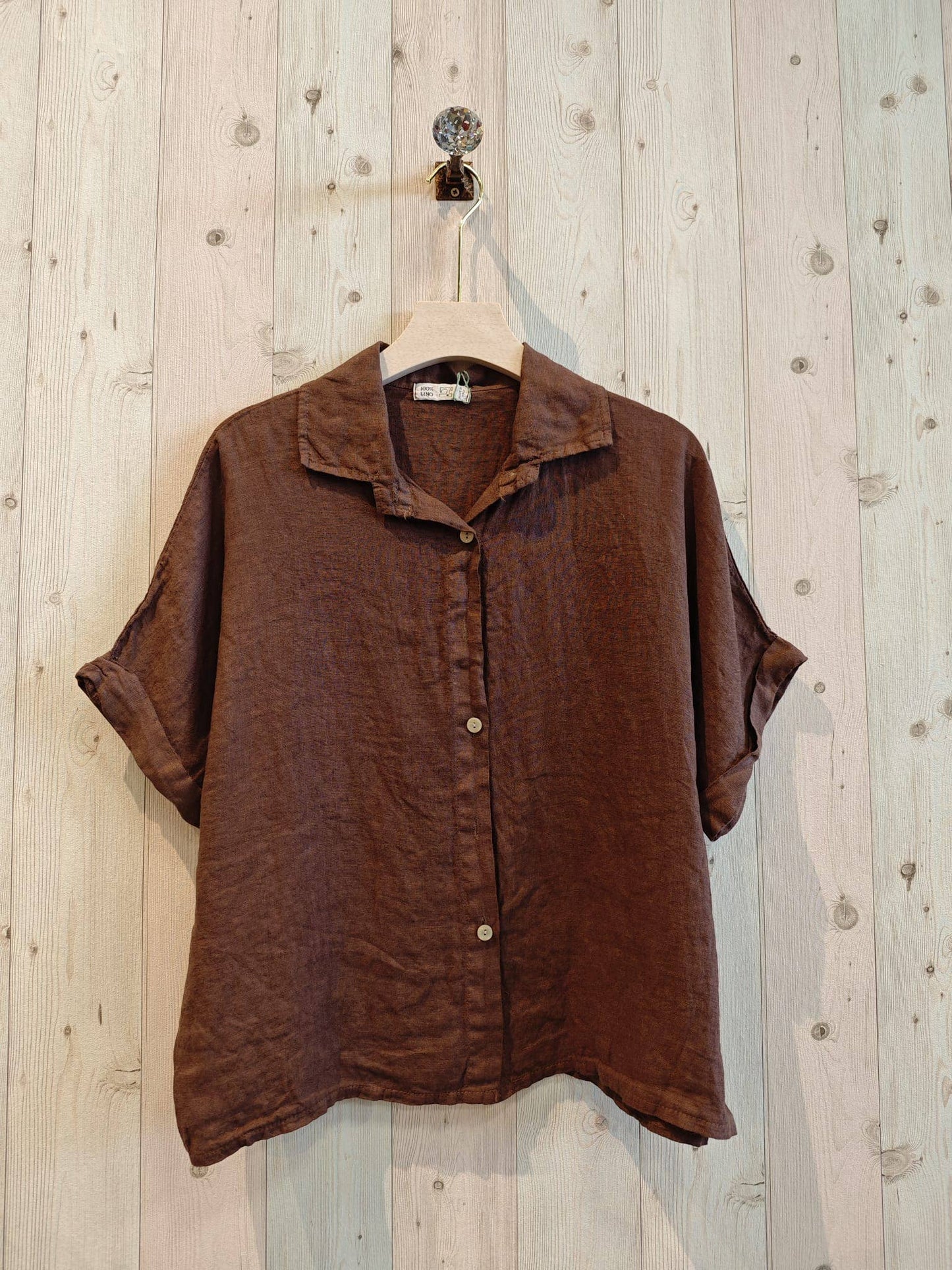 Ref-83531 100% LINEN SHORT-SLEEVE SHIRT: CAMEL