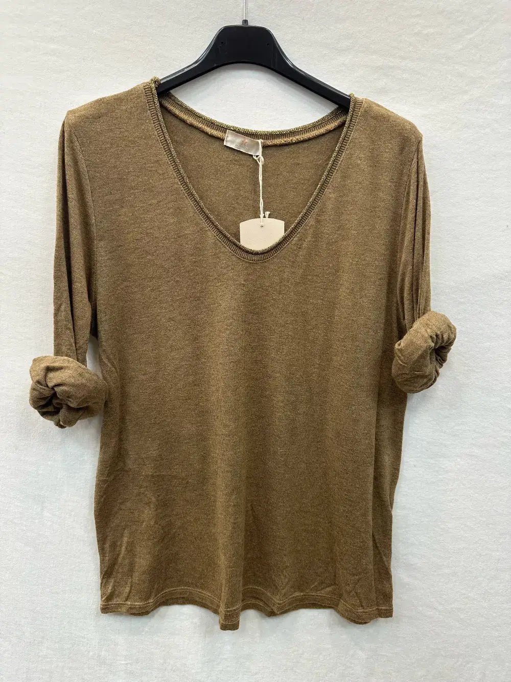 Fine Knit Top With Lurex Collar @5611_HColLux: Light beige