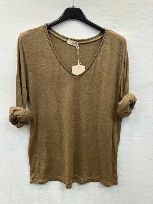 Fine Knit Top With Lurex Collar @5611_HColLux: Camel