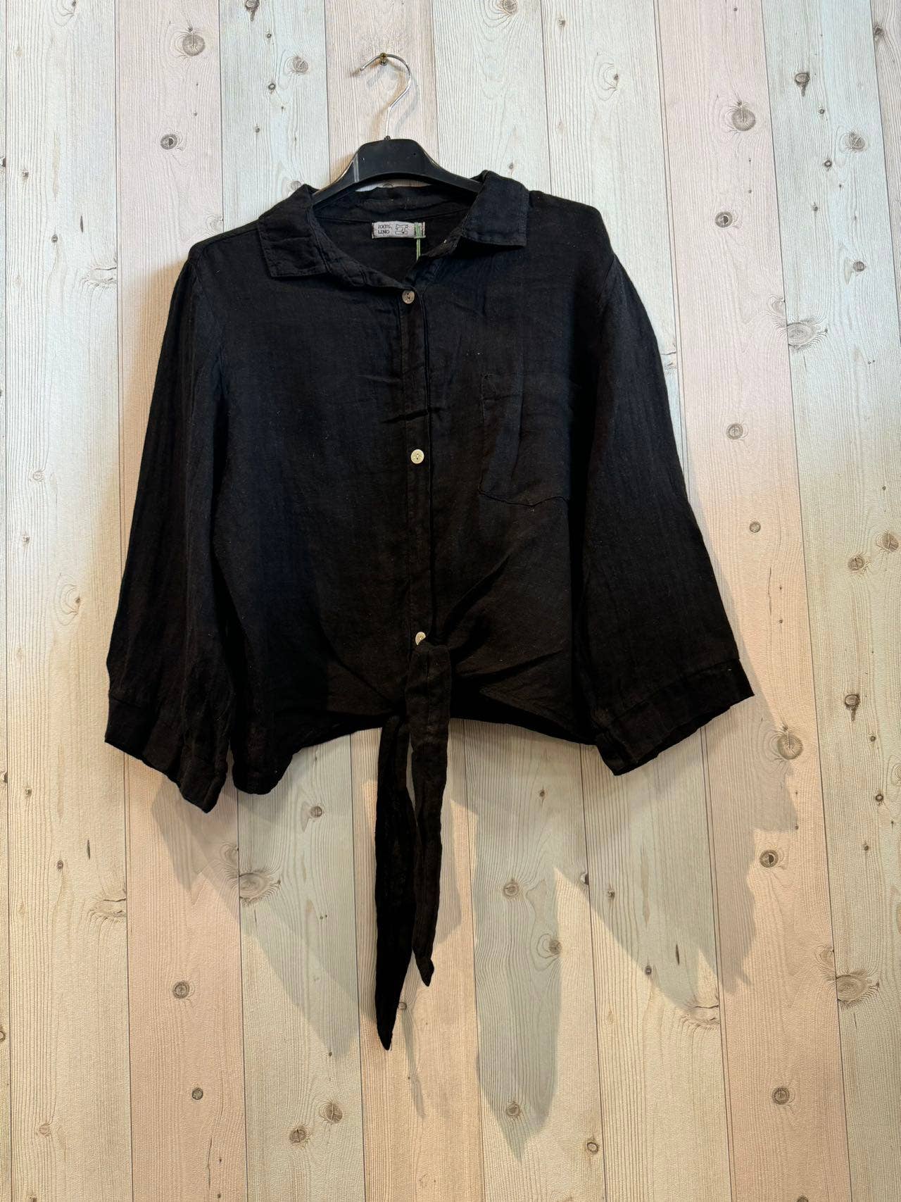 Ref-89166 SHIRT WITH BOW 100% LINEN: Black