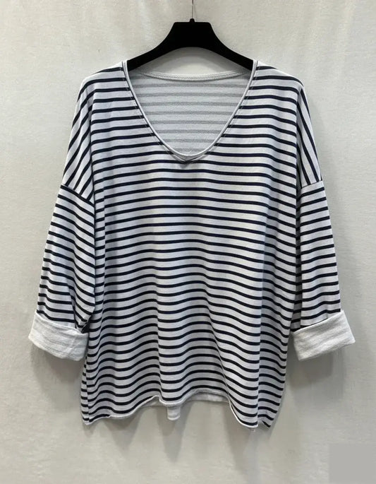 Striped V-Neck T-Shirt @9231_HVRayure: White