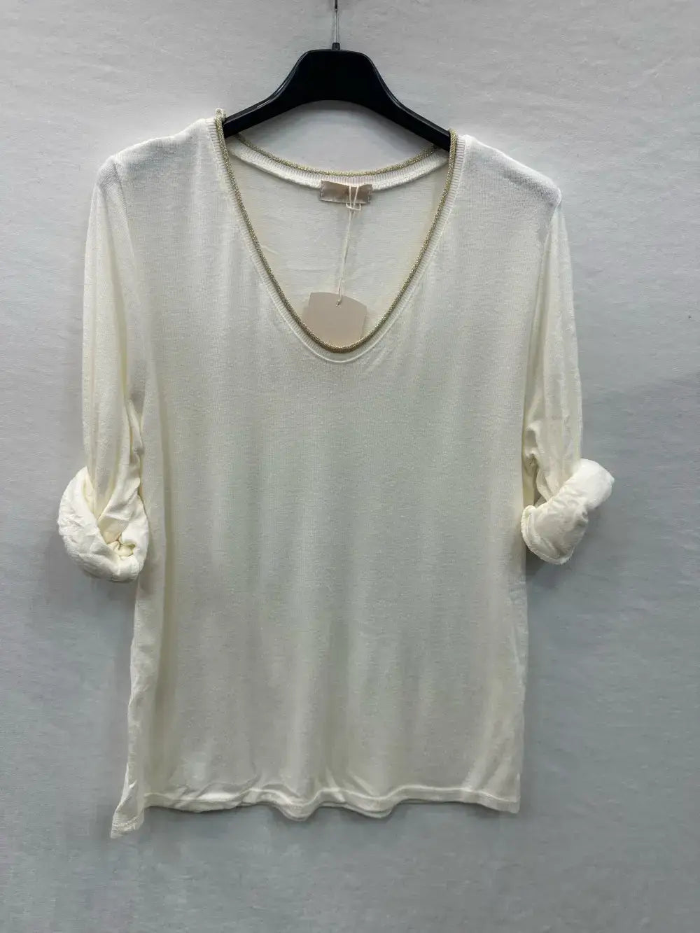Fine Knit Top With Lurex Collar @5611_HColLux: Camel