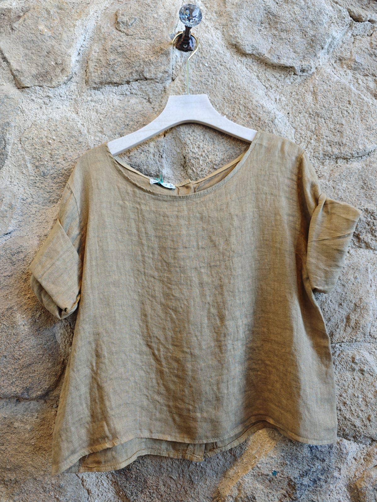Ref-59076 BASIC CROP BLOUSE 100% LINEN: CAMEL