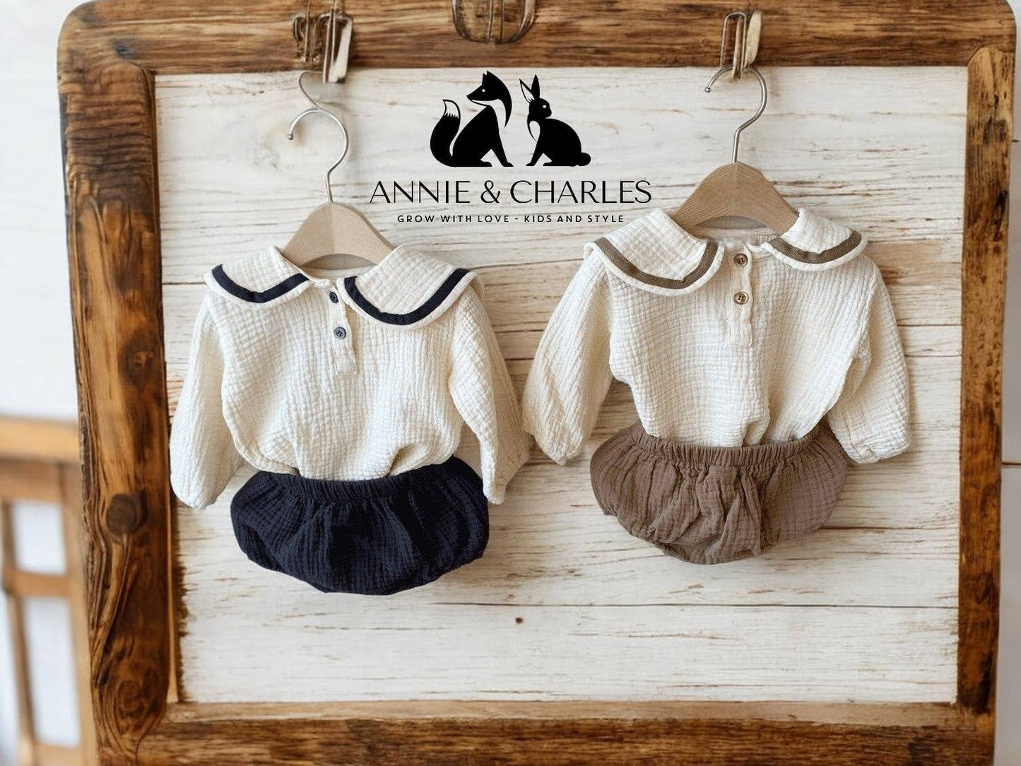 Annie & Charles® muslin set with organic cotton collar: Brown / 6-12 M
