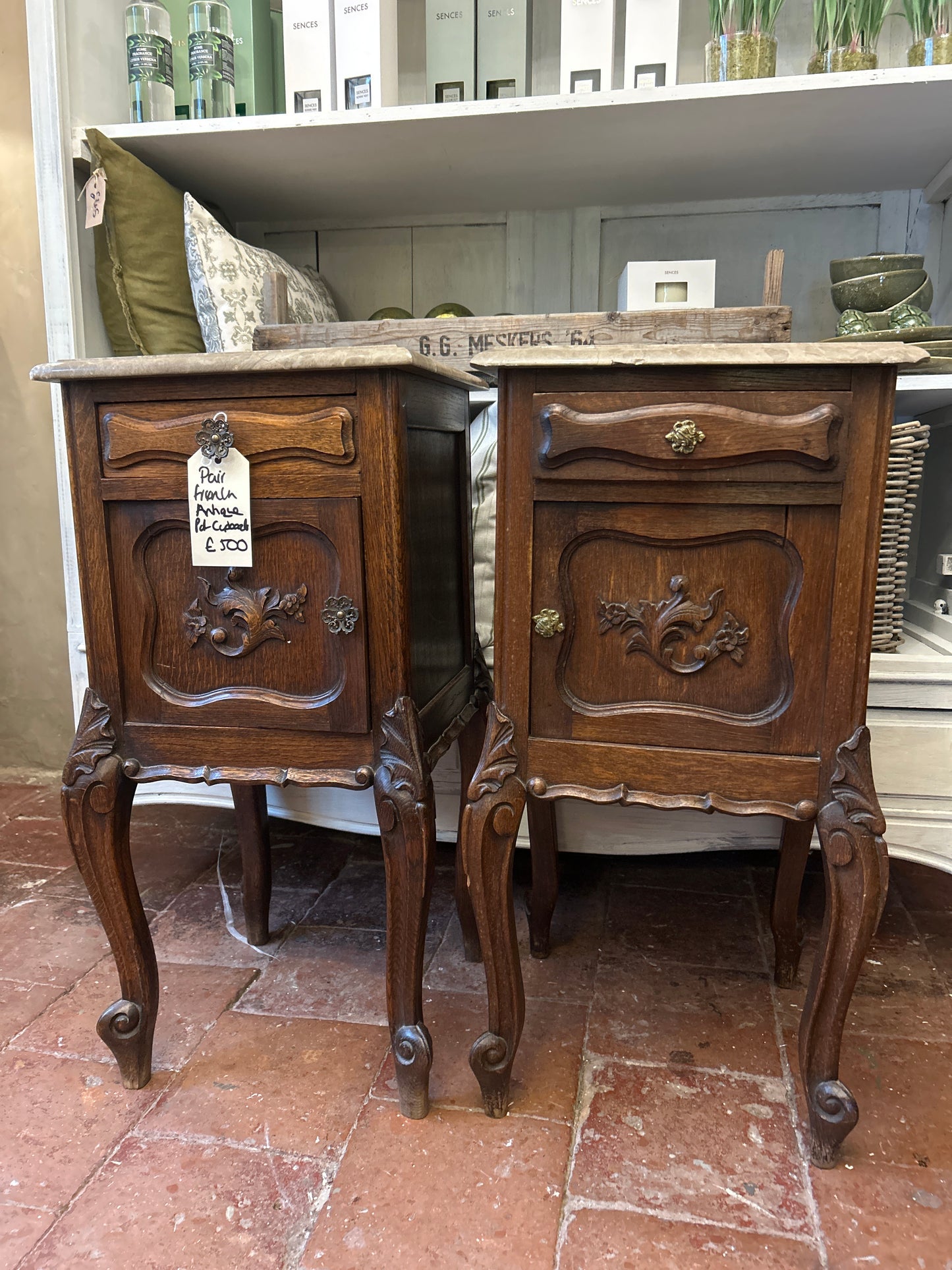 Pair oak marble pot cupboards bedside