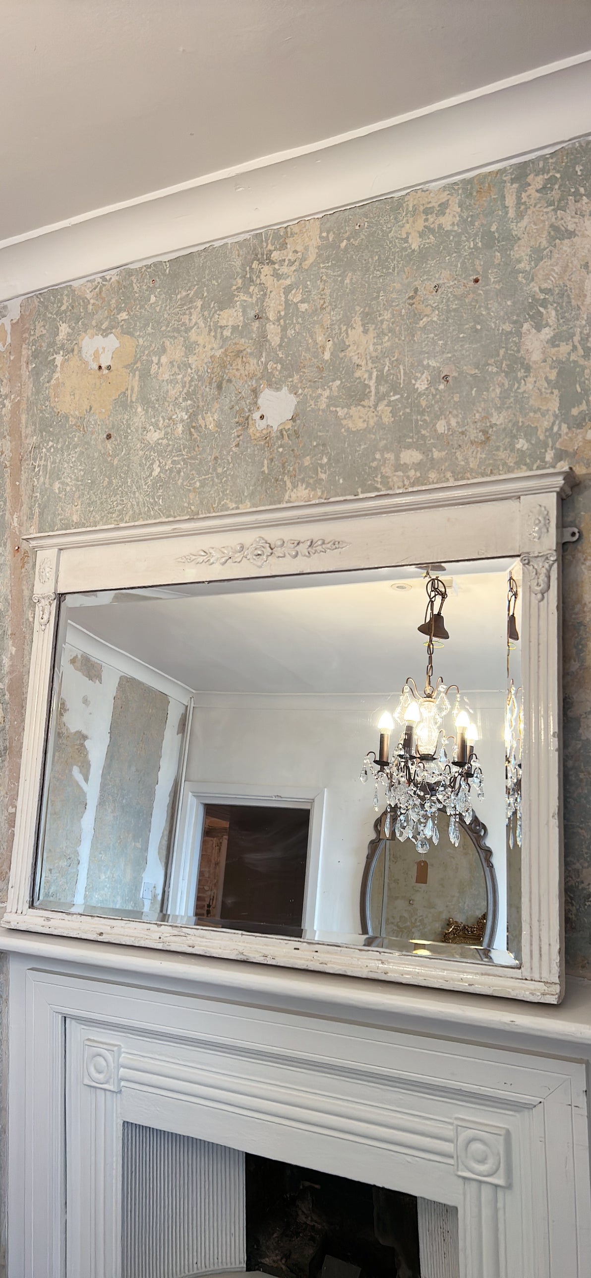 Antique painted mantel mirror with bevelled edged mirrored glass.