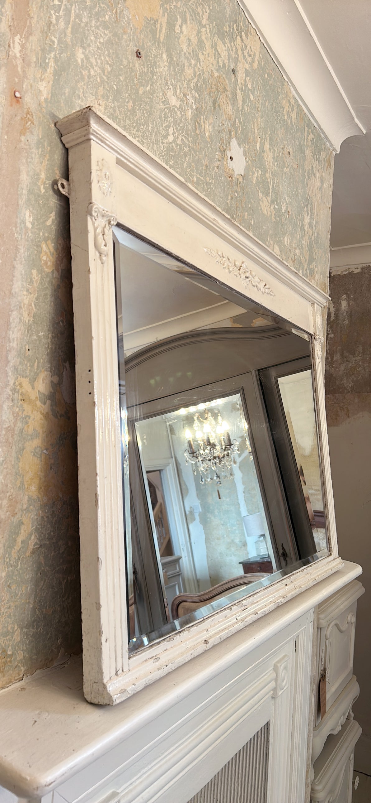 Antique painted mantel mirror with bevelled edged mirrored glass.