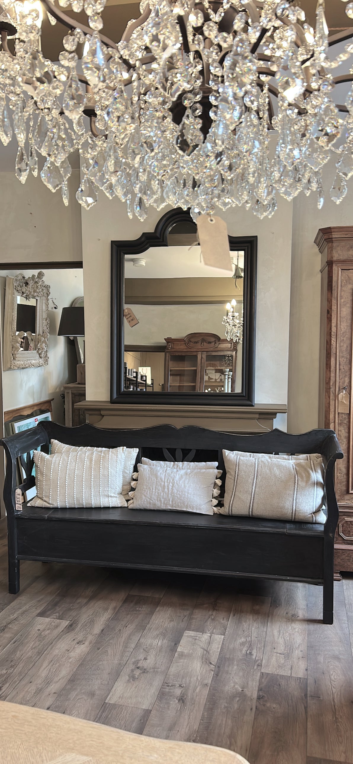 Dutch pine painted long bench with storage