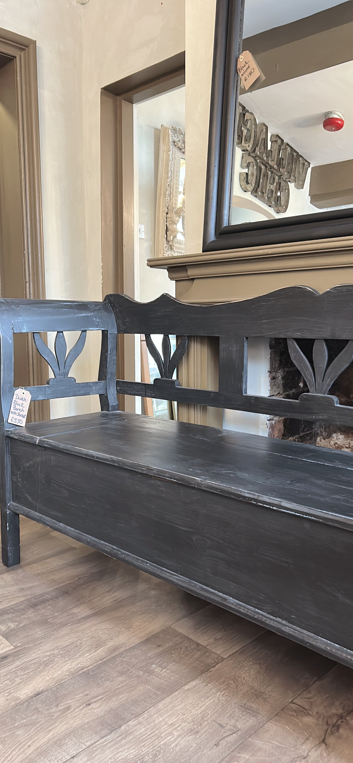 Dutch pine painted long bench with storage