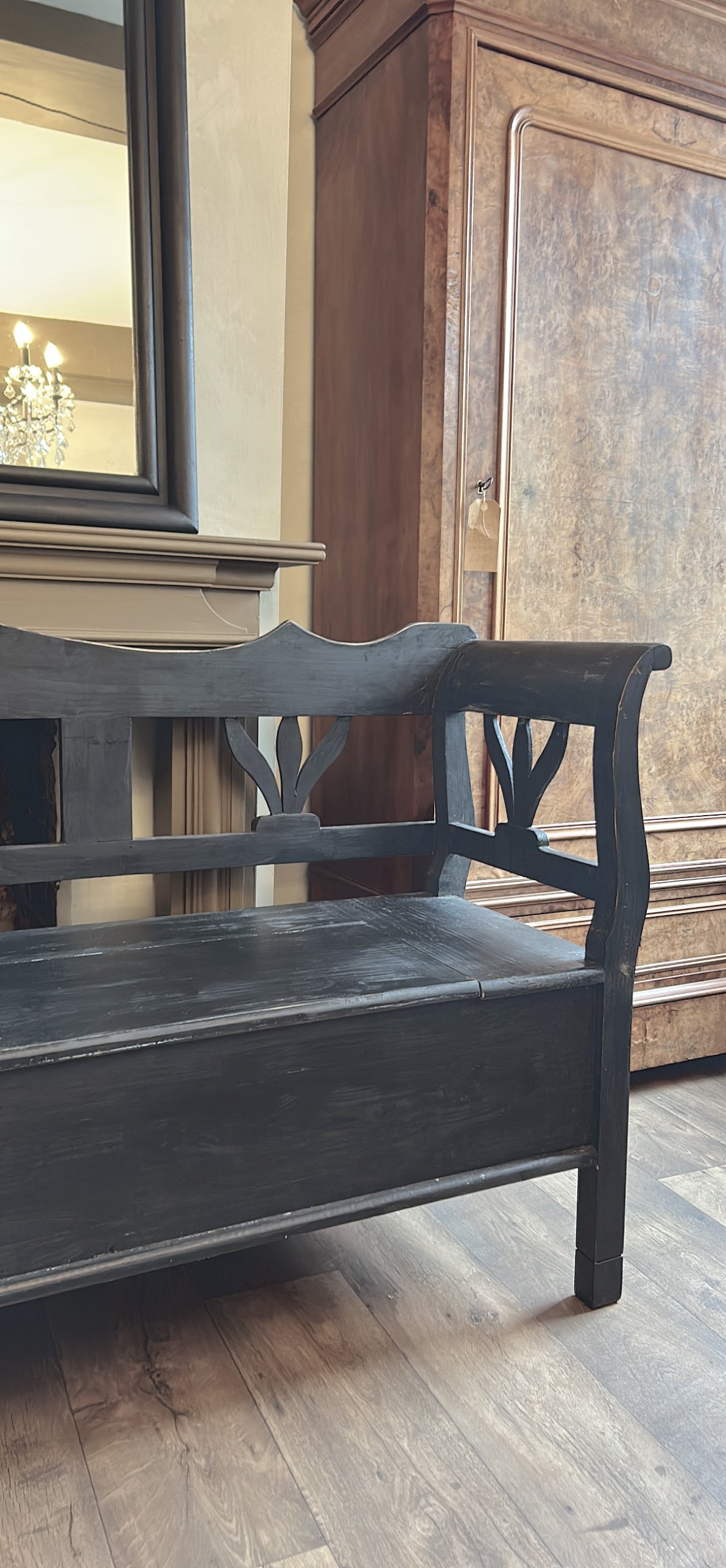 Dutch pine painted long bench with storage