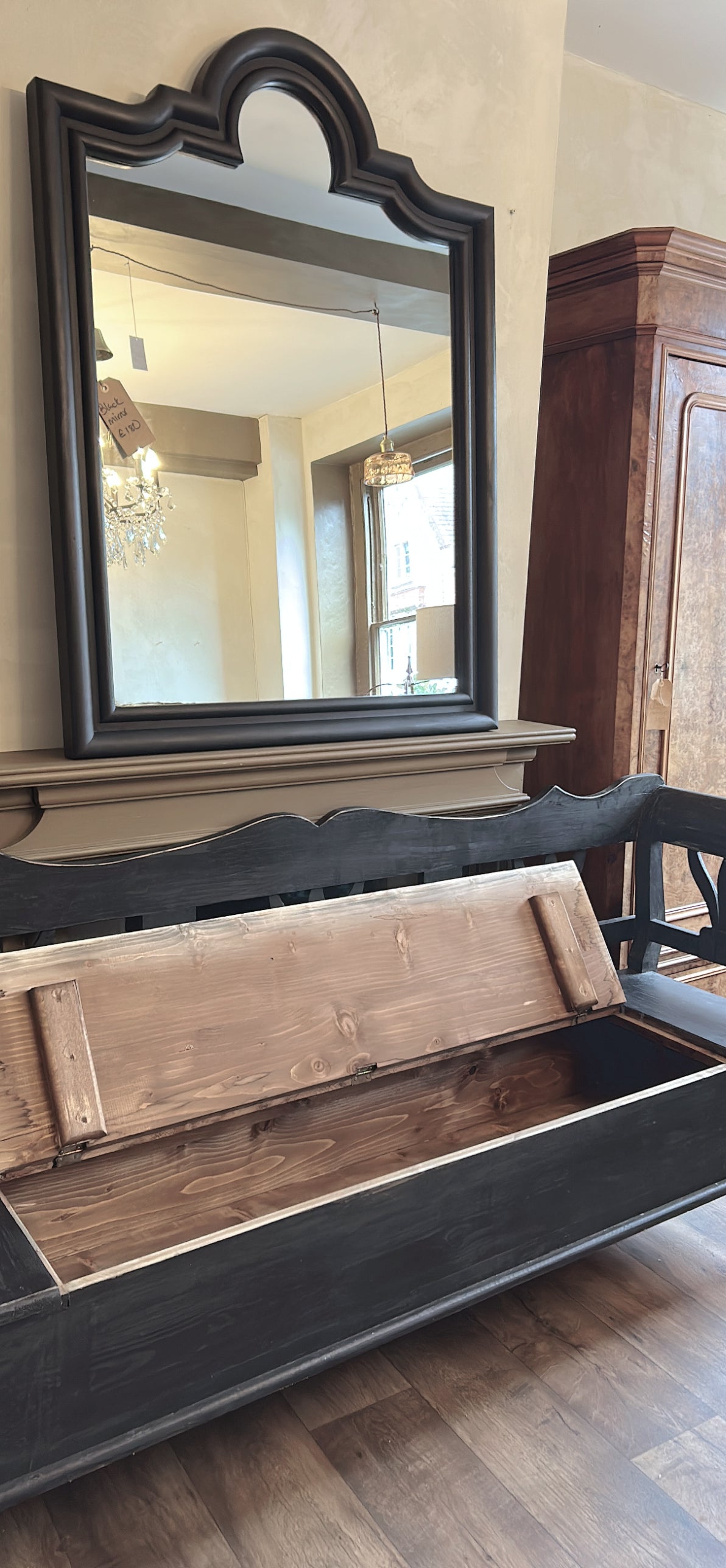 Dutch pine painted long bench with storage