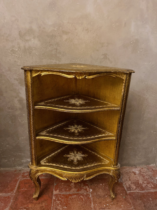 Ornate vintage gold painted french corner shelf unit