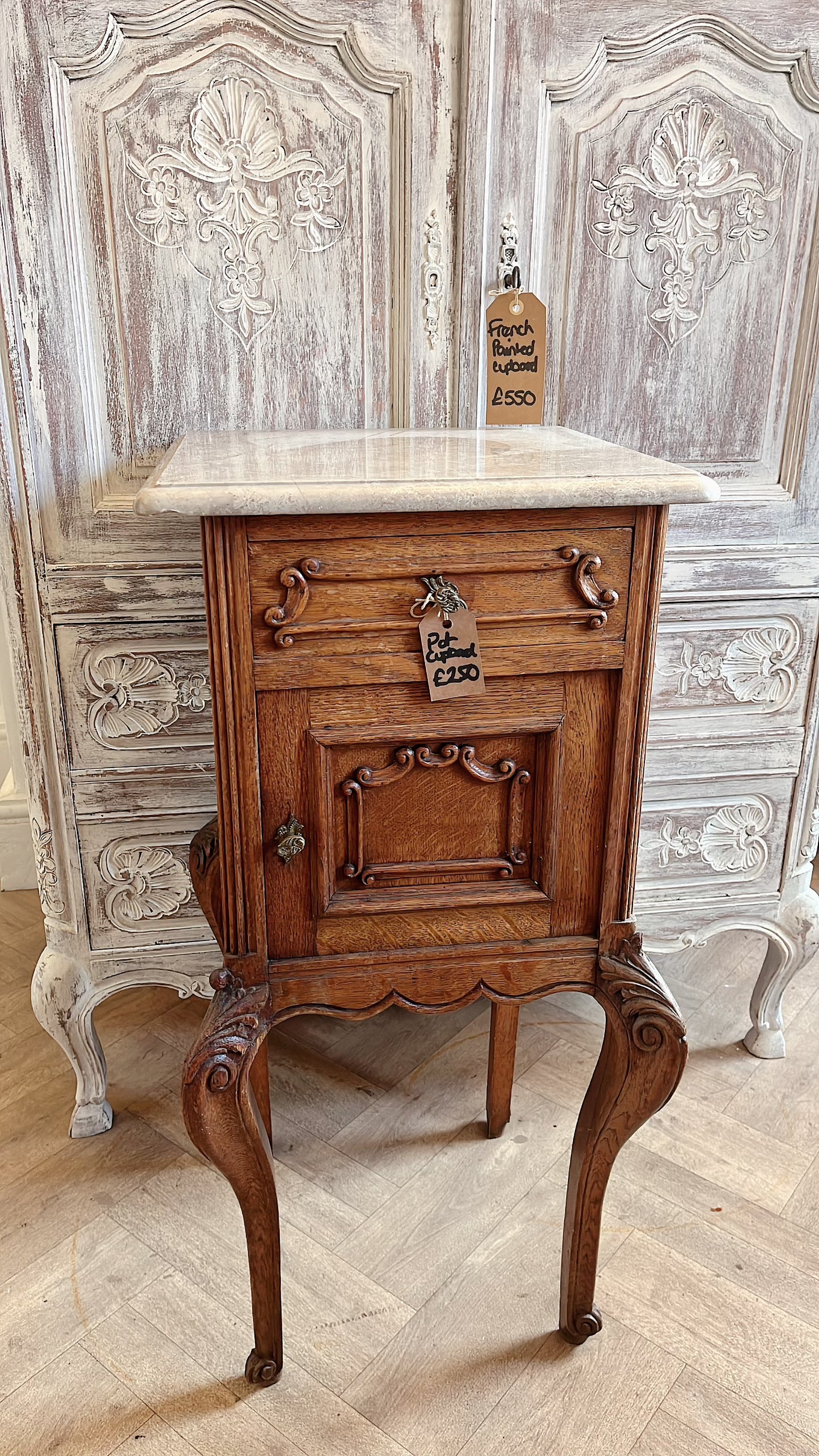 French marble oak pot cupboard