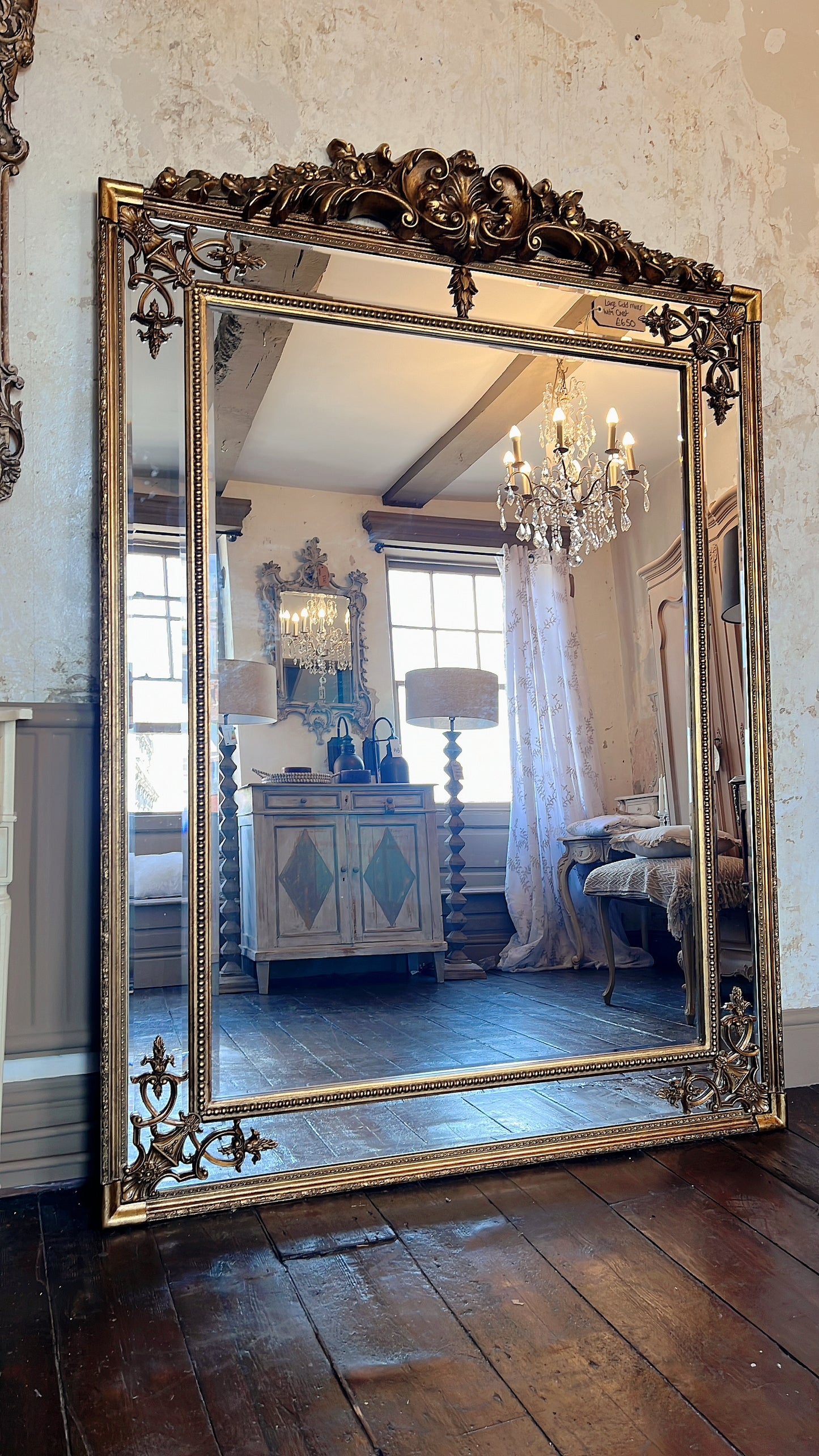 Large gold crest bevelled mirror