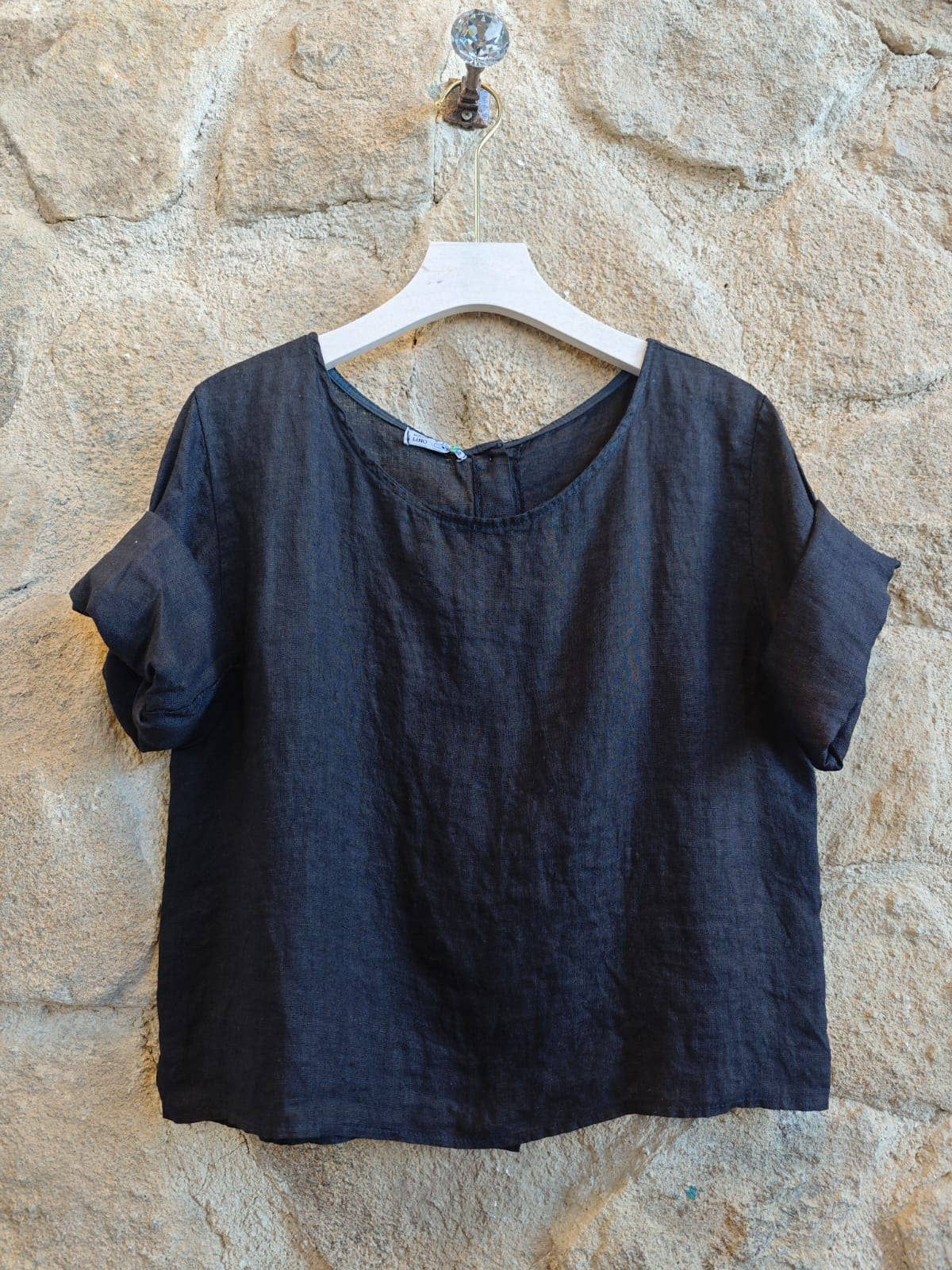 Ref-59076 BASIC CROP BLOUSE 100% LINEN: CAMEL