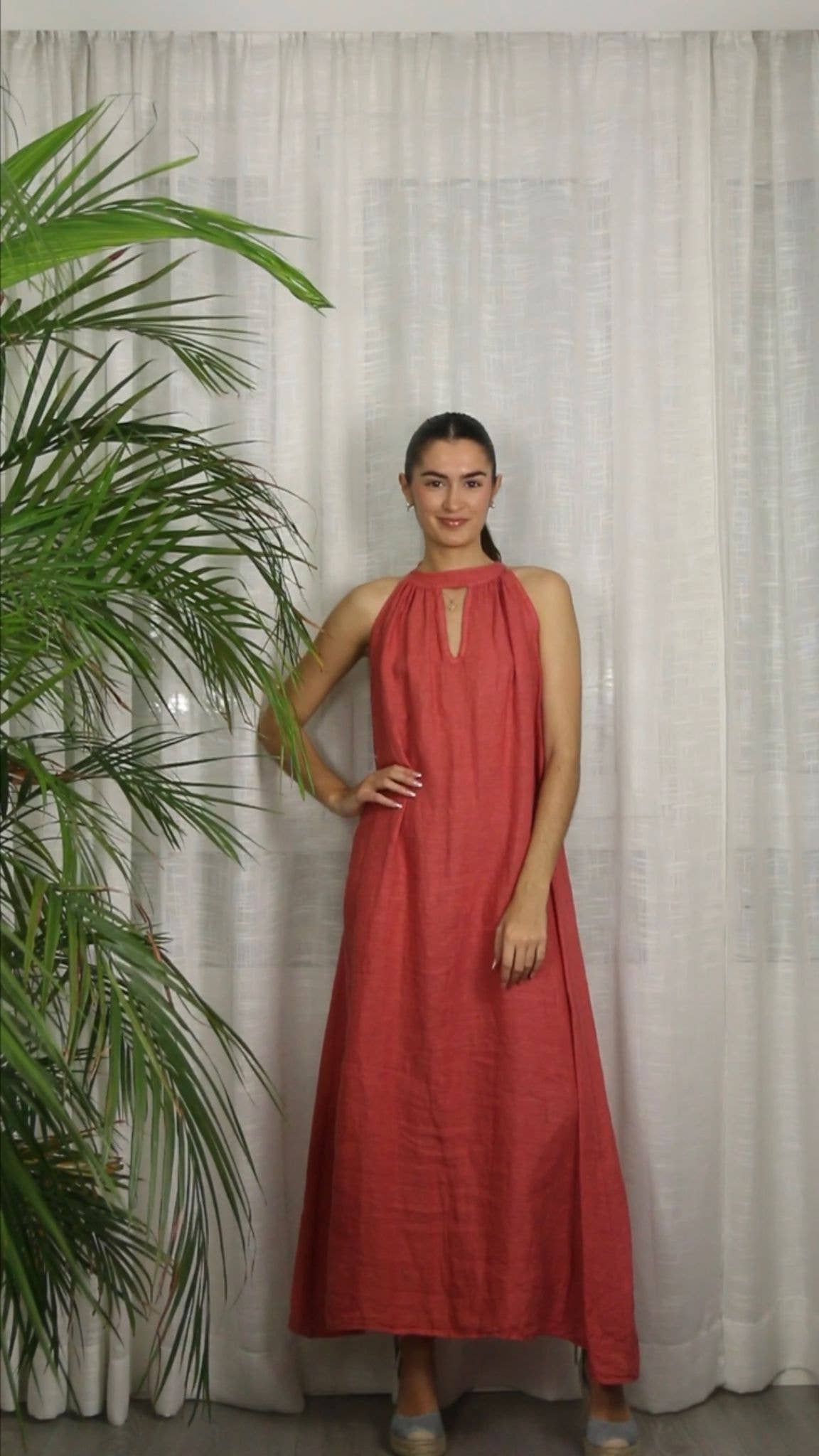 Ref-72330 DRESS WITH BACK BOW 100% LINEN: Caqui