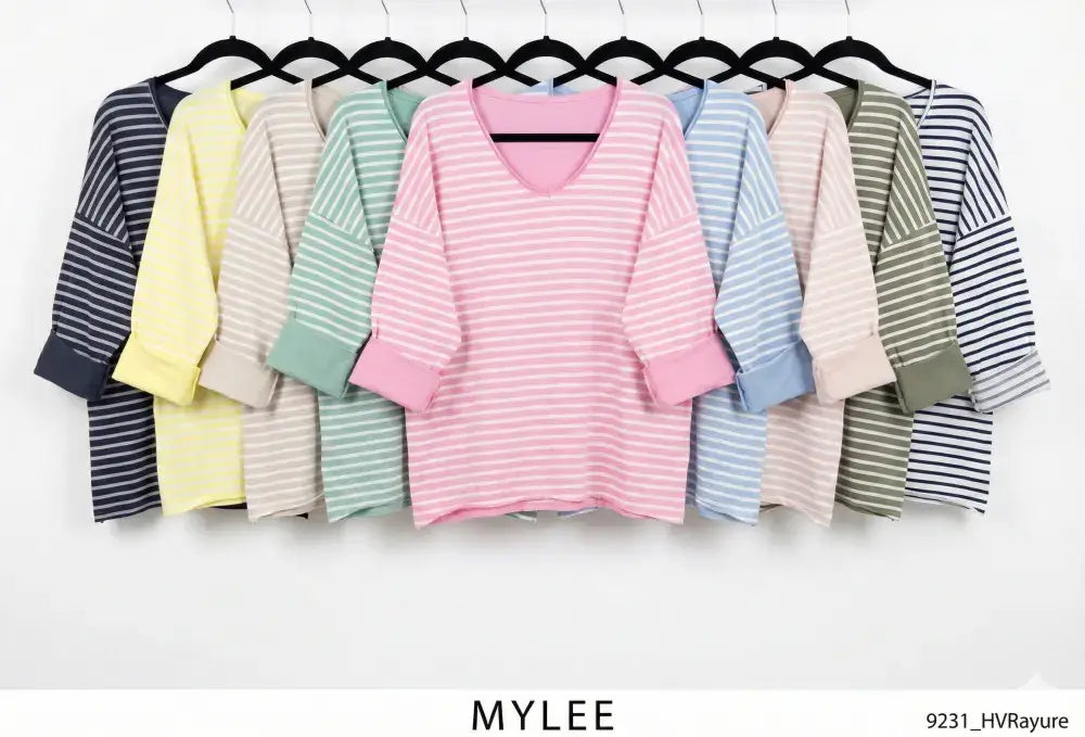 Striped V-Neck T-Shirt @9231_HVRayure: White