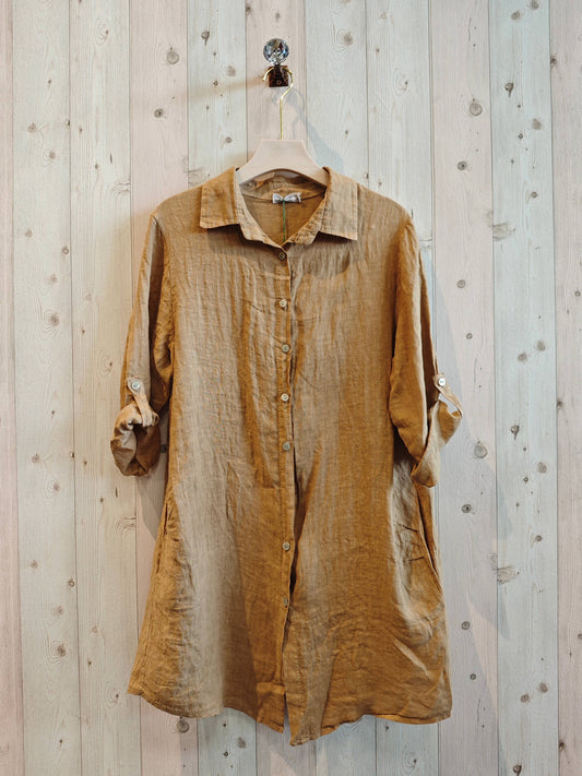 REF 89075 100% LINEN SHORT T-SHIRT: CAMEL