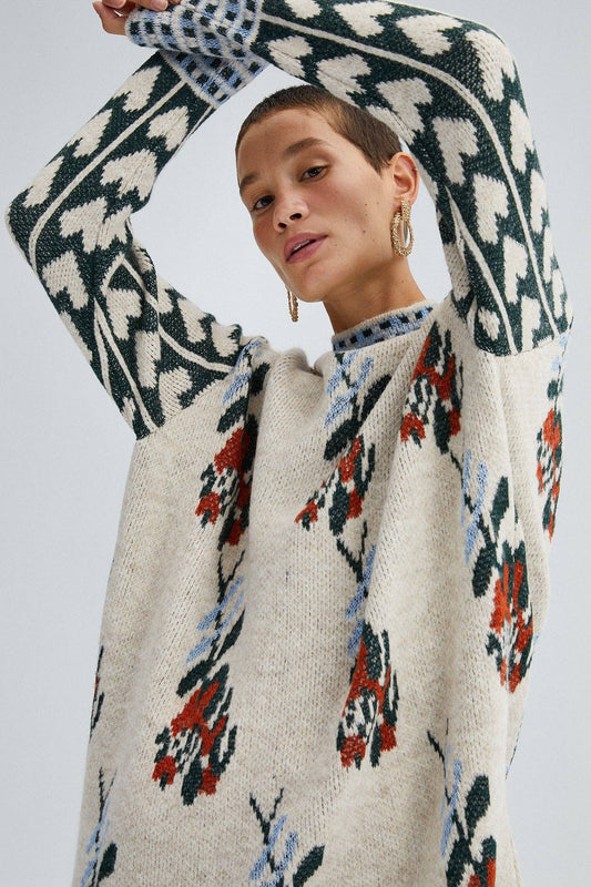 Flower Patterned Sweater - 20% Cotton Blend: Patterned / M