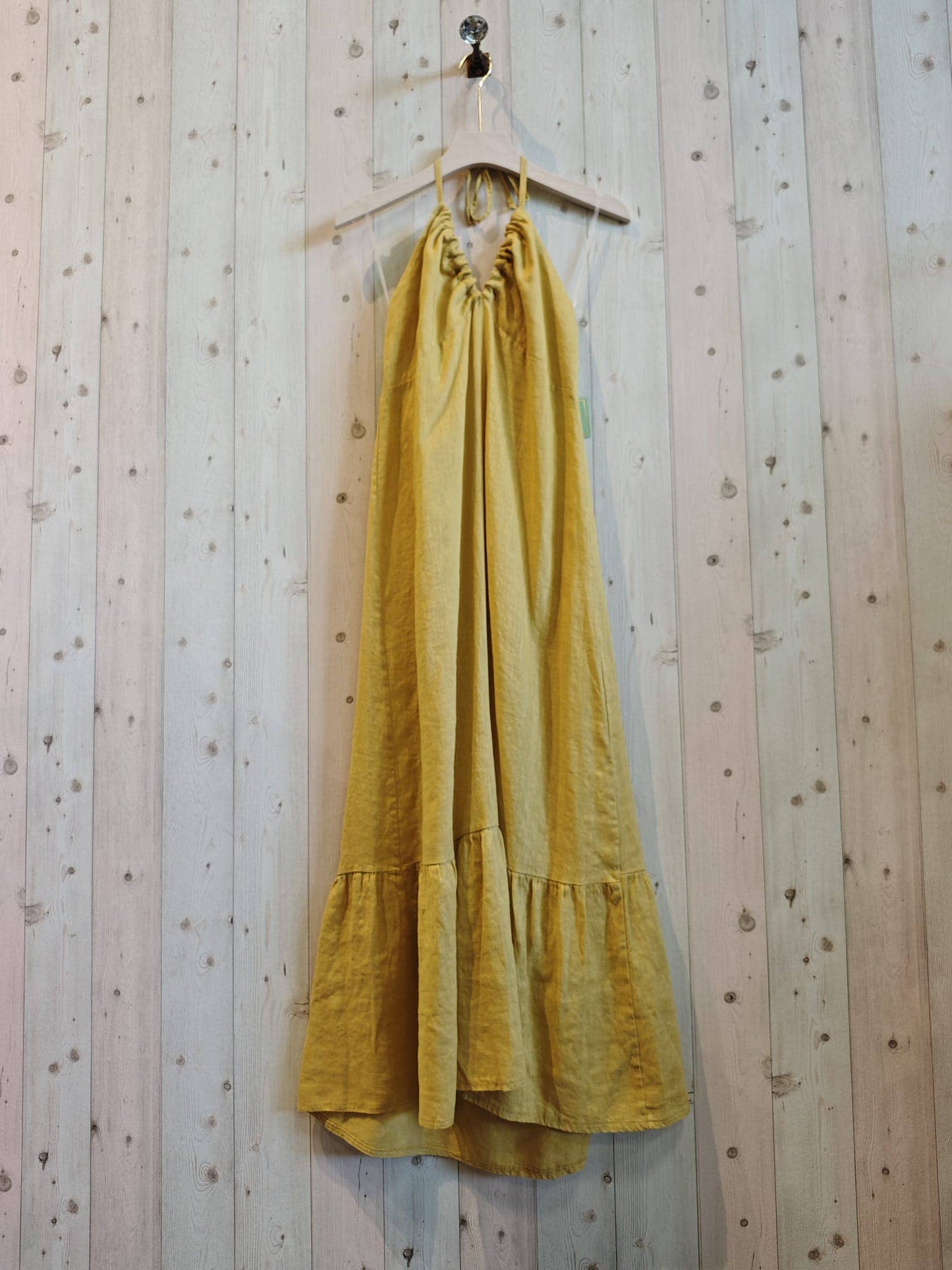 Ref-14491 100% LINEN STRAP DRESS: BEIGE