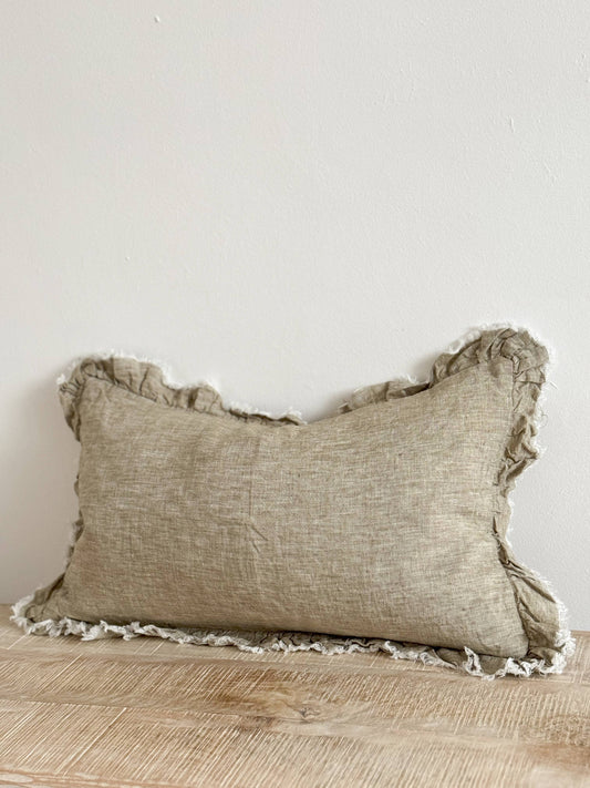 Hallie Ruffled Linen Cushion Cover 50x30- Washed Olive Green