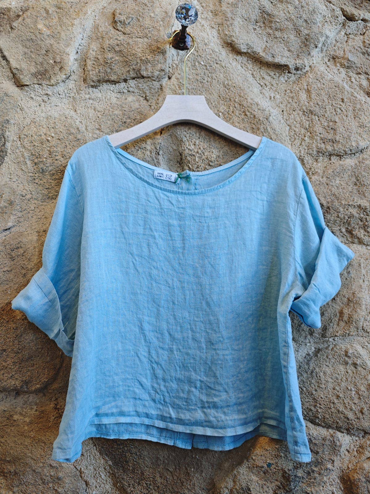 Ref-59076 BASIC CROP BLOUSE 100% LINEN: KHAKI