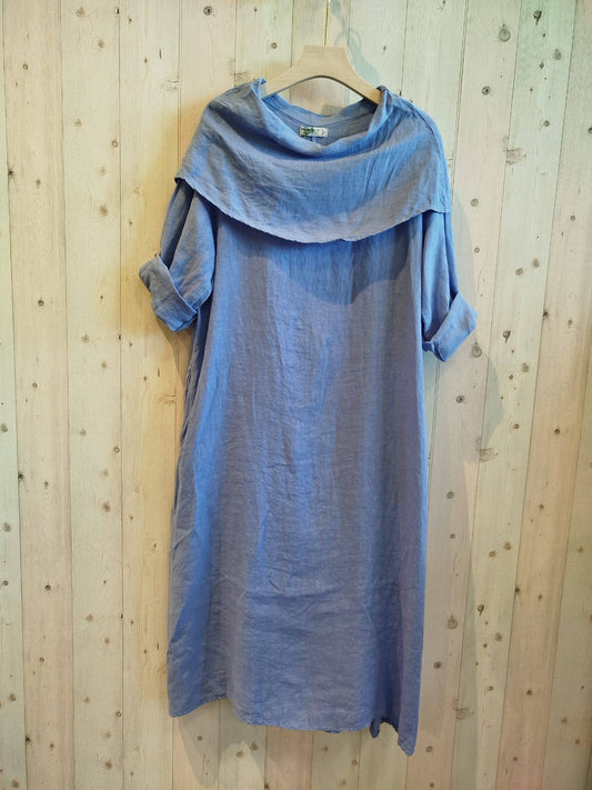 REF 2632 DRESS WITH LAPEL COLLAR 100% LINEN: Blue