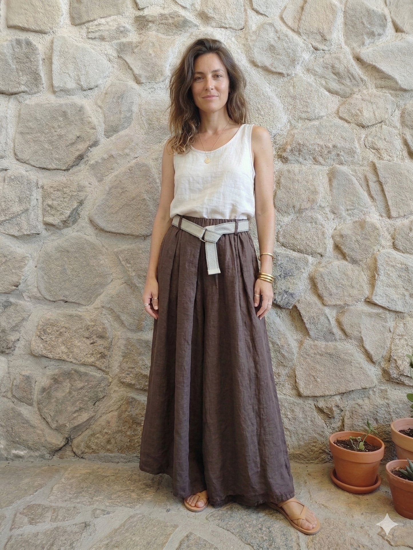 Ref-30522 WIDE-LEG PANTS 100% LINEN: Negro