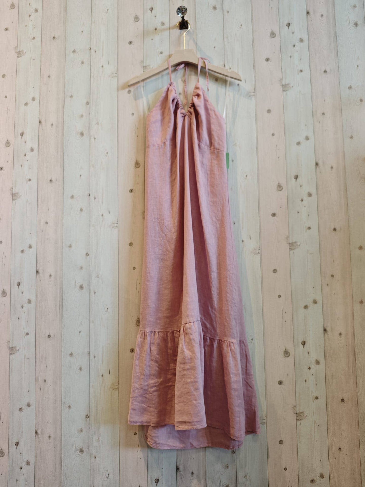 Ref-14491 100% LINEN STRAP DRESS: BEIGE