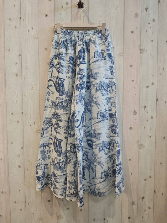 REF 996 PRINTED LINEN TROUSERS 100%: Blue