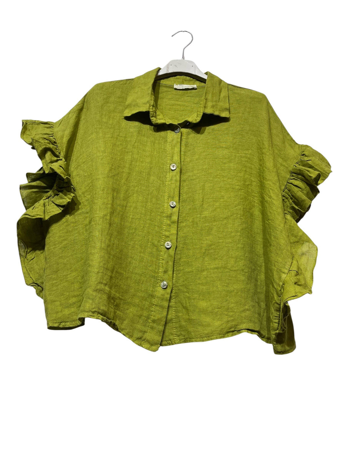 11402B  LINEN SHIRT WITH SIDE RUFFLES: CHOCO