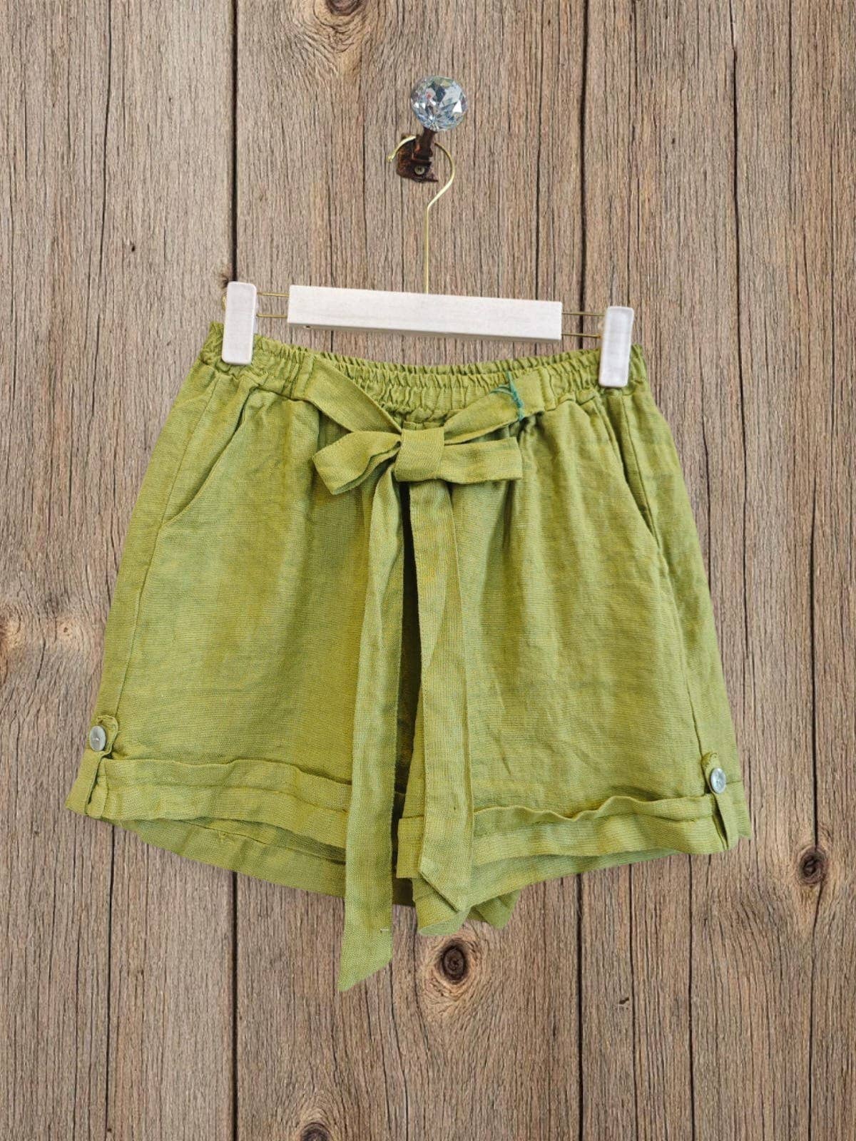 Ref-6385 SHORTS WITH BOW 100% LINEN: Pistachio