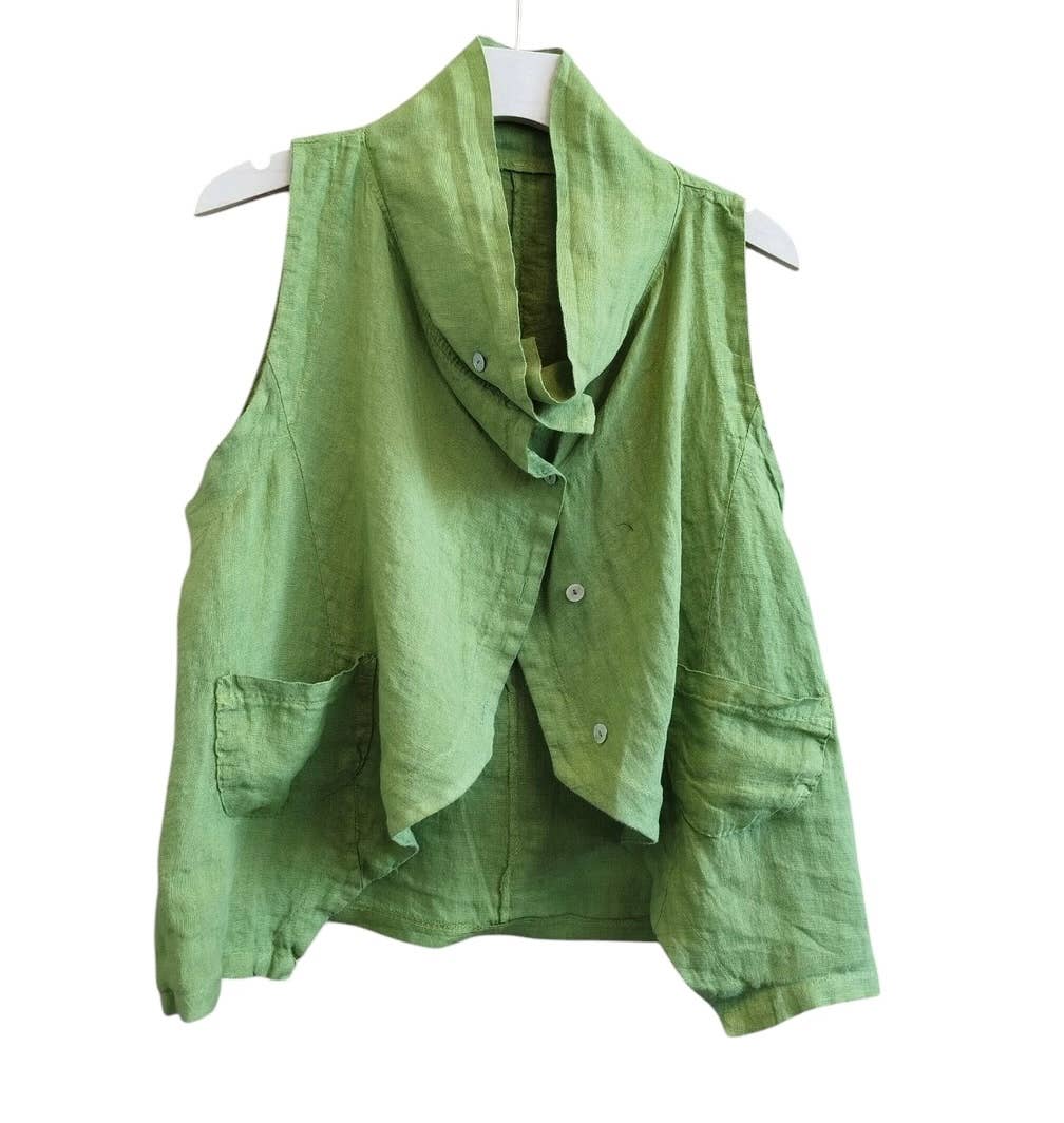 8718 Asymmetrical buttoned linen vest with pockets and collar: BROWN