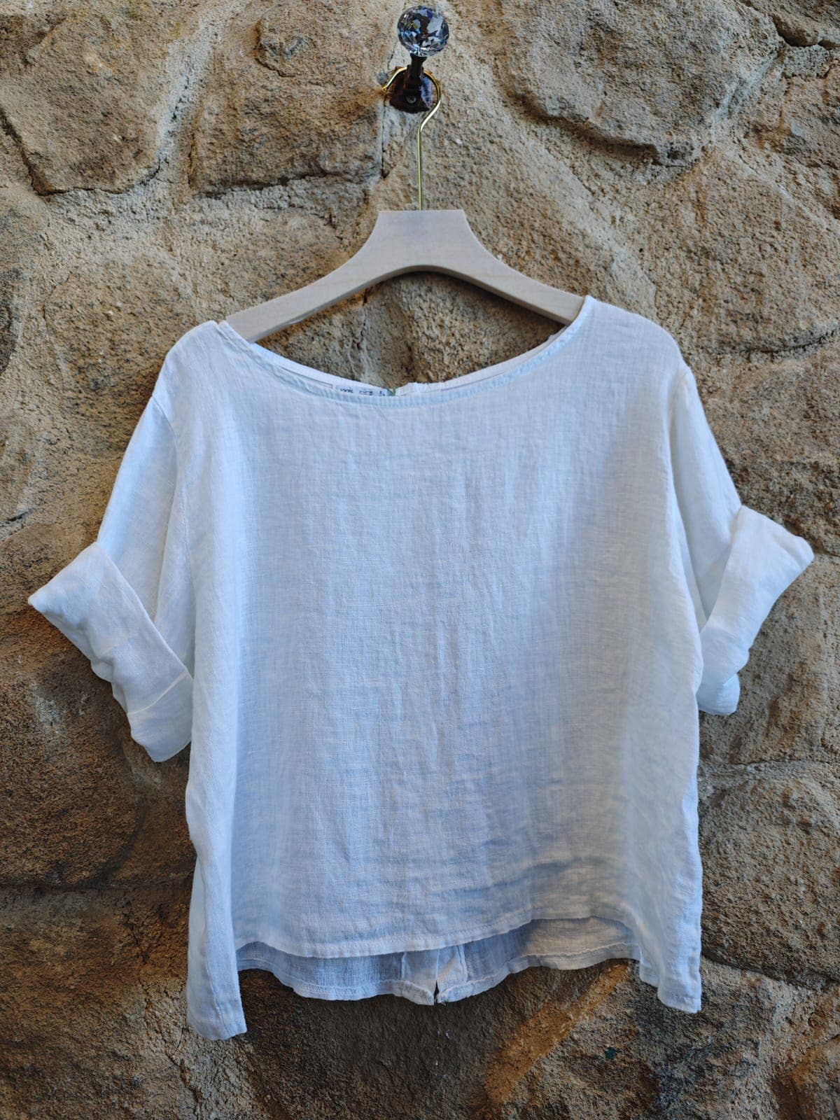 Ref-59076 BASIC CROP BLOUSE 100% LINEN: CAMEL