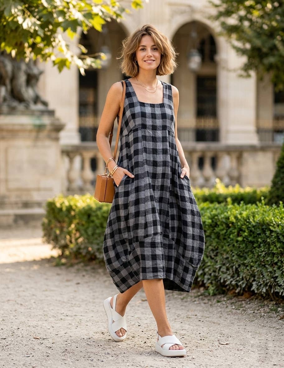 322 LINEN DRESS WITH VICHY CHECKS: MOLE