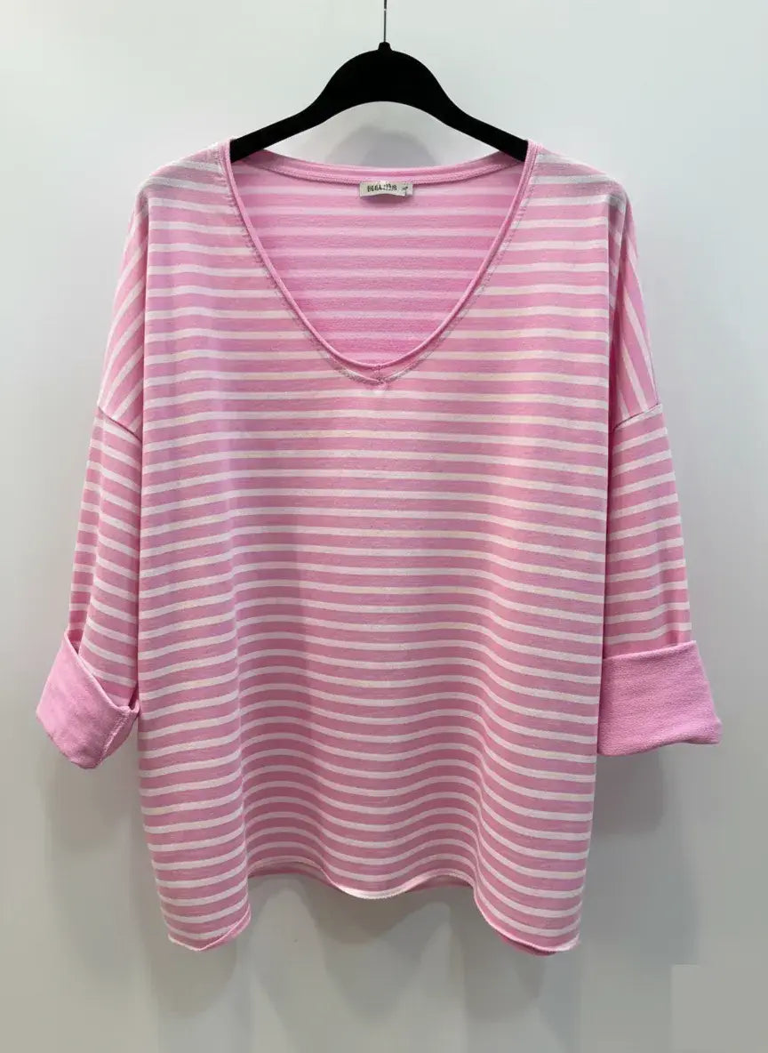 Striped V-Neck T-Shirt @9231_HVRayure: Navy
