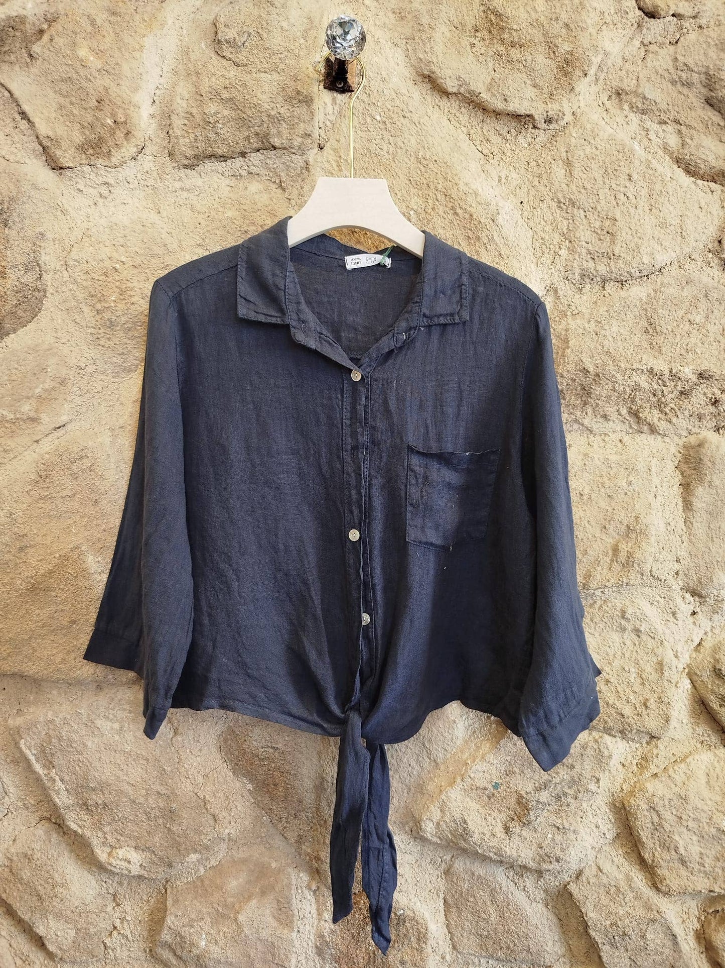 Ref-89166 SHIRT WITH BOW 100% LINEN: Black