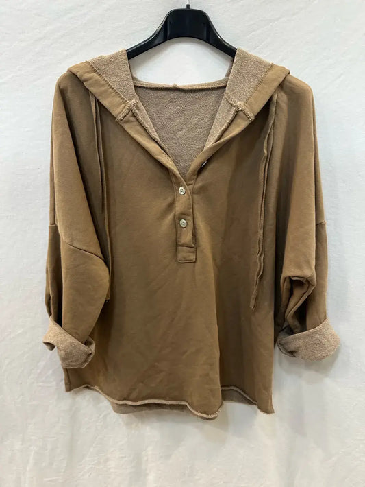 Hooded Button-Up Sweatshirt @83893_ThickSweatshirt: Camel