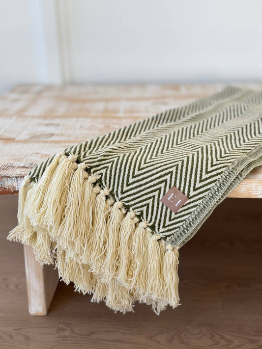 Olive and Cream Herringbone Throw
