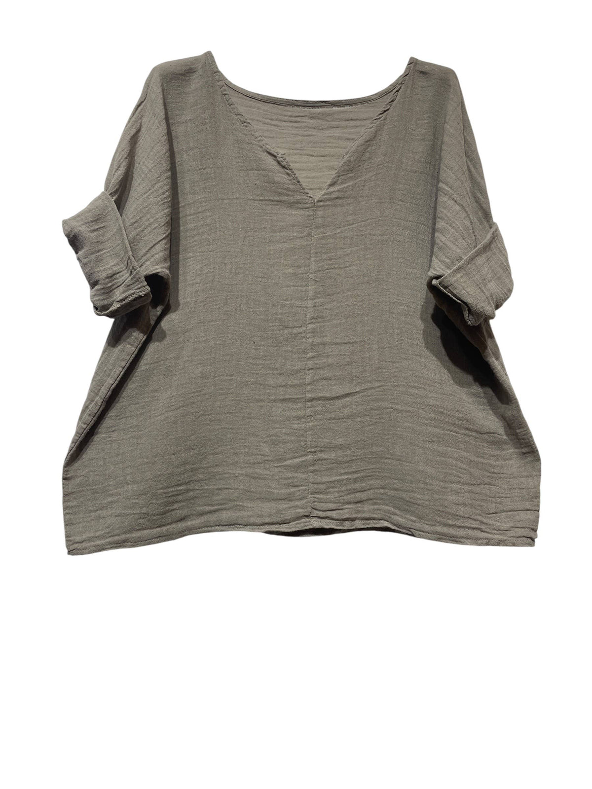 6551 CROP IN COTTON-LINEN V-NECK: BEIGE