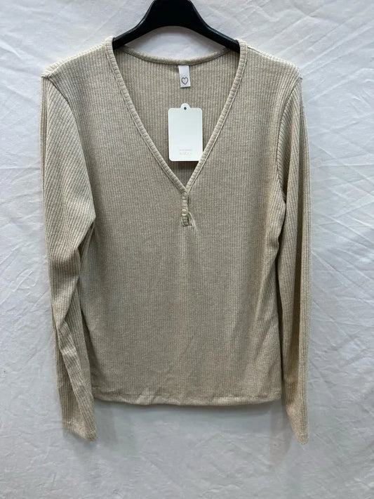 Ribbed lurex top with buttons @59910_HBoutLux: Beige