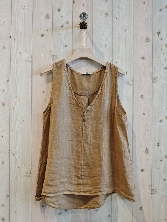 REF 12116 LONG 100% LINEN T-SHIRT: CAMEL