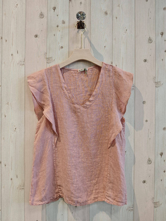 REF 17874 RUFFLE SLEEVE T-SHIRT 100% LINEN: Rose