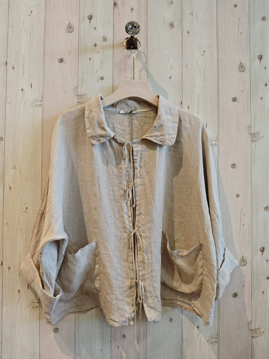 REF 17740 BABY COLLAR BLOUSE, OPEN 100% LINEN: BEIGE