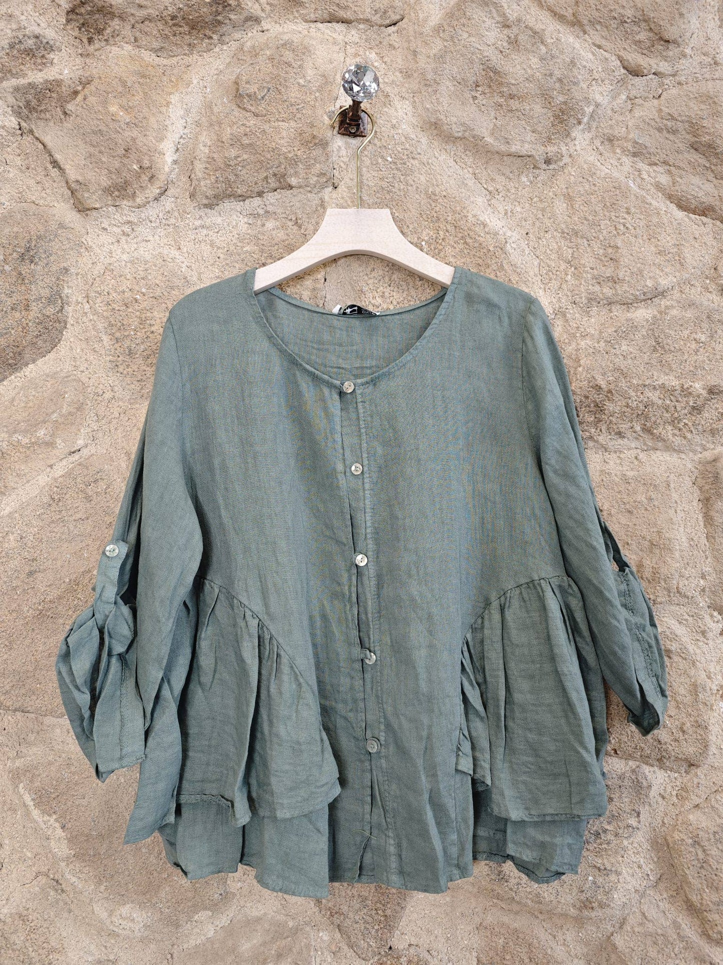 Ref-12232 RUFFLED BLOUSE 100% LINEN: KHAKI